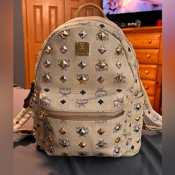 MCM Handbags - MCM Beige Visetos Silver and Gold Pyramid Studded Backpack